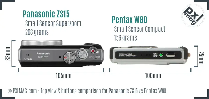 Panasonic ZS15 vs Pentax W80 top view buttons comparison
