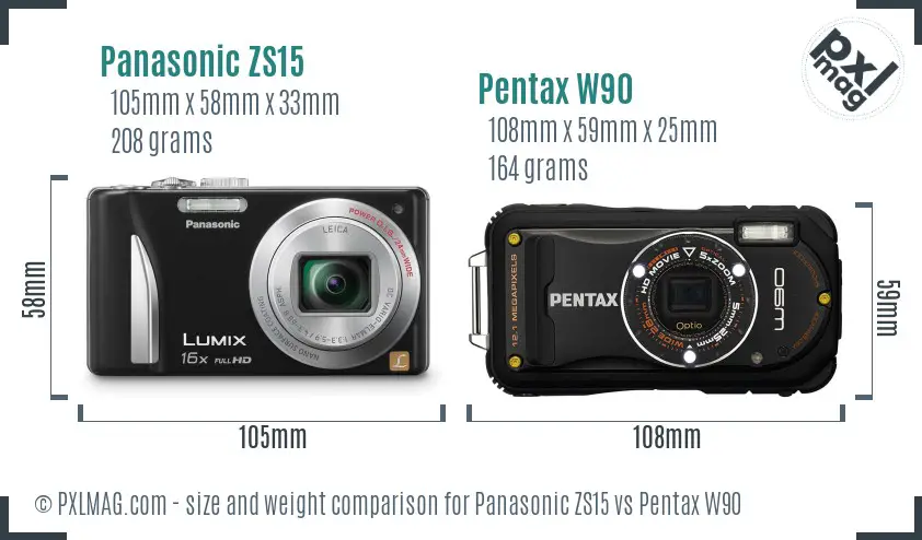 Panasonic ZS15 vs Pentax W90 size comparison