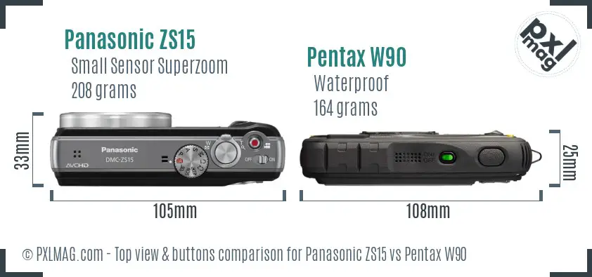 Panasonic ZS15 vs Pentax W90 top view buttons comparison