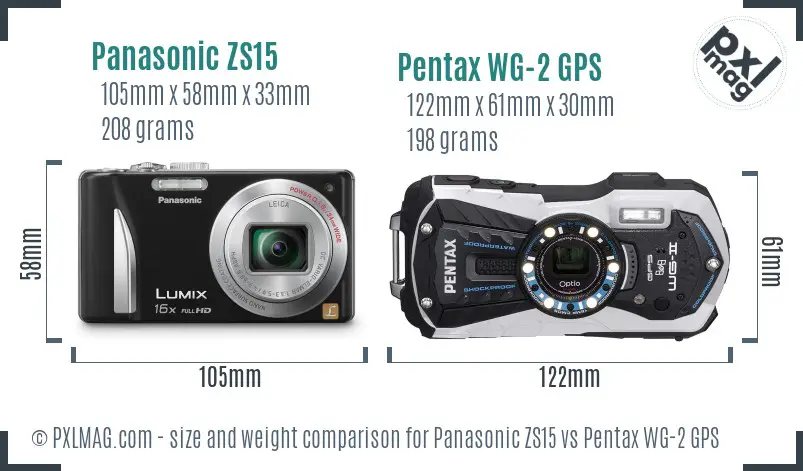 Panasonic ZS15 vs Pentax WG-2 GPS size comparison
