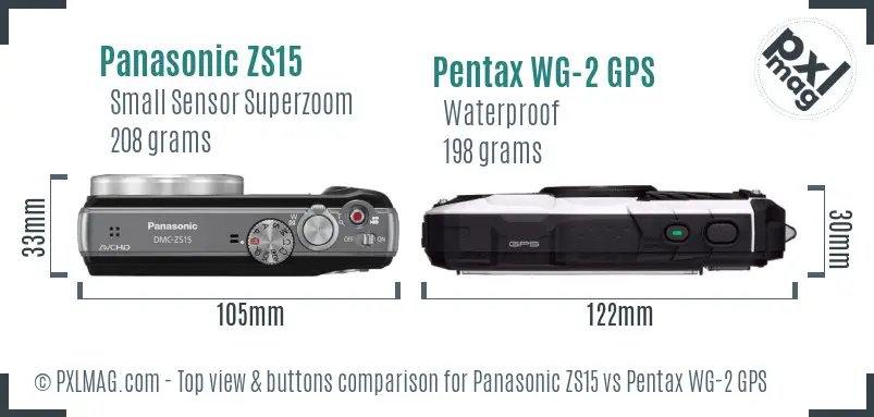 Panasonic ZS15 vs Pentax WG-2 GPS top view buttons comparison