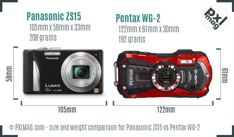 Panasonic ZS15 vs Pentax WG-2 size comparison
