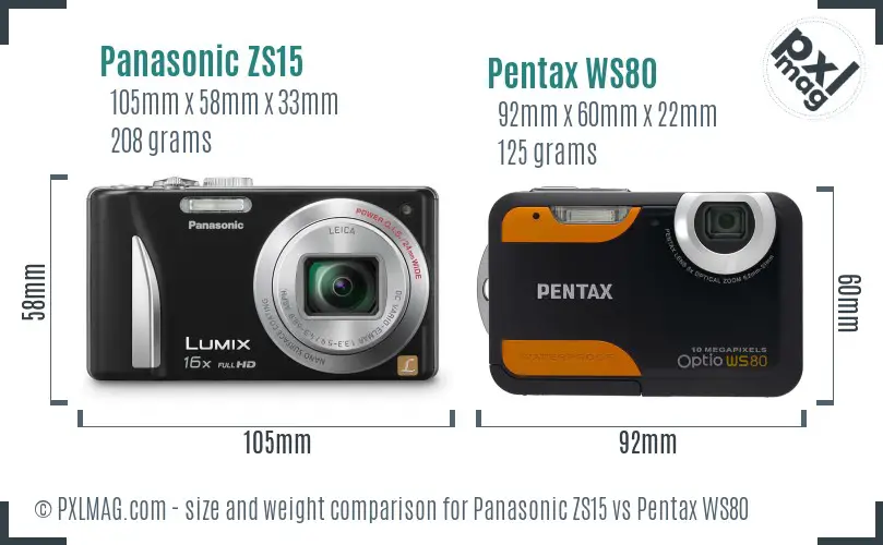 Panasonic ZS15 vs Pentax WS80 size comparison