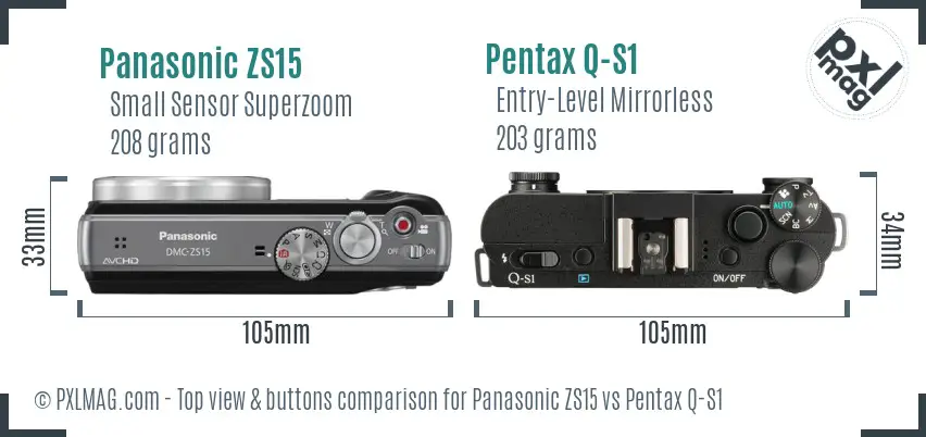Panasonic ZS15 vs Pentax Q-S1 top view buttons comparison