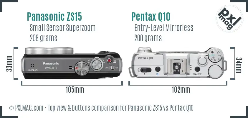 Panasonic ZS15 vs Pentax Q10 top view buttons comparison