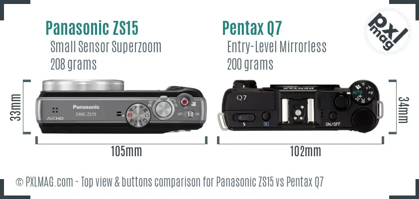 Panasonic ZS15 vs Pentax Q7 top view buttons comparison