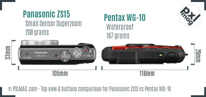 Panasonic ZS15 vs Pentax WG-10 top view buttons comparison