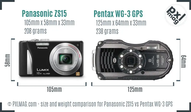 Panasonic ZS15 vs Pentax WG-3 GPS size comparison