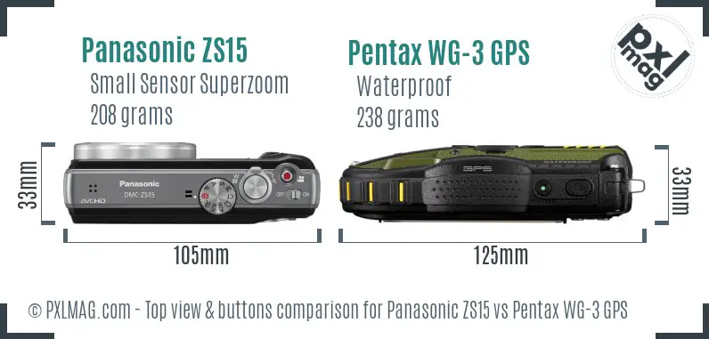 Panasonic ZS15 vs Pentax WG-3 GPS top view buttons comparison
