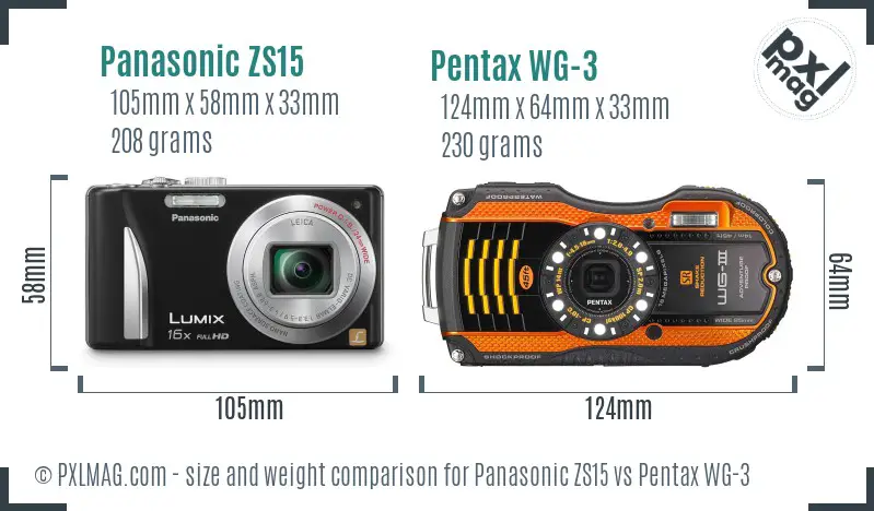 Panasonic ZS15 vs Pentax WG-3 size comparison
