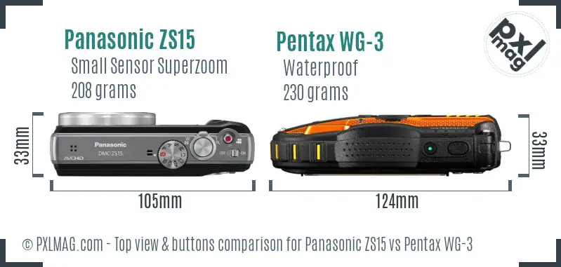 Panasonic ZS15 vs Pentax WG-3 top view buttons comparison