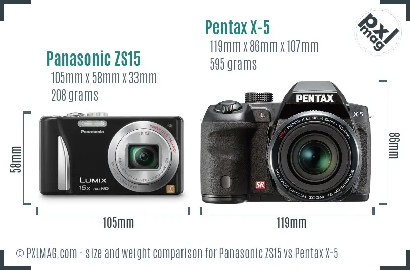 Panasonic ZS15 vs Pentax X-5 size comparison