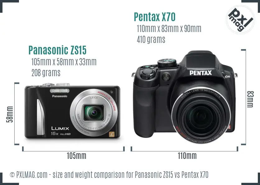 Panasonic ZS15 vs Pentax X70 size comparison