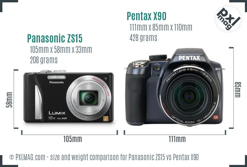 Panasonic ZS15 vs Pentax X90 size comparison
