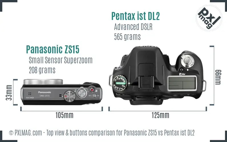 Panasonic ZS15 vs Pentax ist DL2 top view buttons comparison