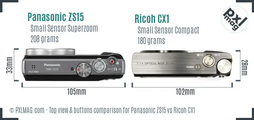 Panasonic ZS15 vs Ricoh CX1 top view buttons comparison