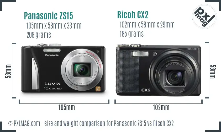 Panasonic ZS15 vs Ricoh CX2 size comparison Panasonic ZS15 vs Ricoh CX2 size comparison