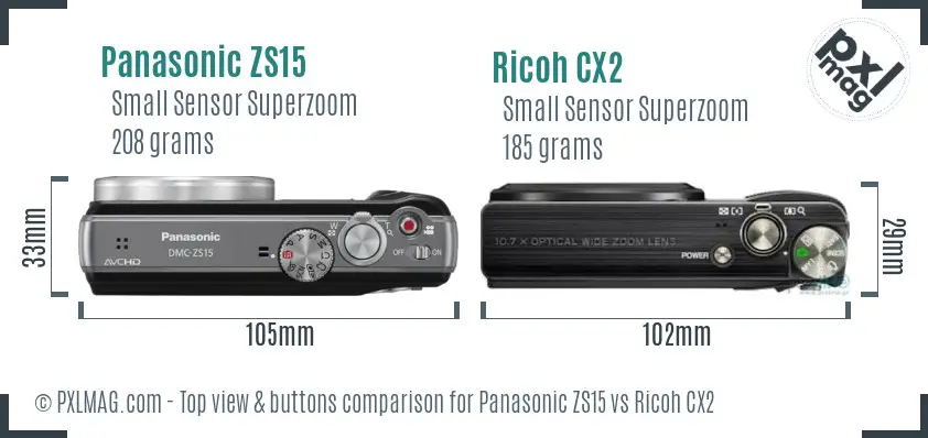 Panasonic ZS15 vs Ricoh CX2 top view buttons comparison Panasonic ZS15 vs Ricoh CX2 top view buttons comparison