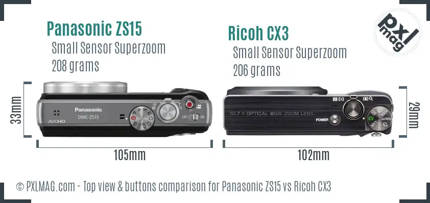 Panasonic ZS15 vs Ricoh CX3 top view buttons comparison Panasonic ZS15 vs Ricoh CX3 top view buttons comparison