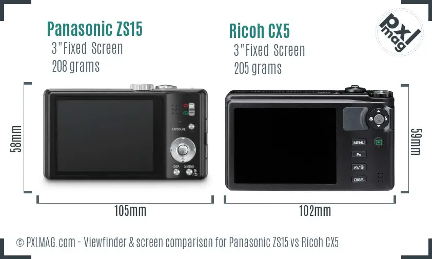 Panasonic ZS15 vs Ricoh CX5 Screen and Viewfinder comparison