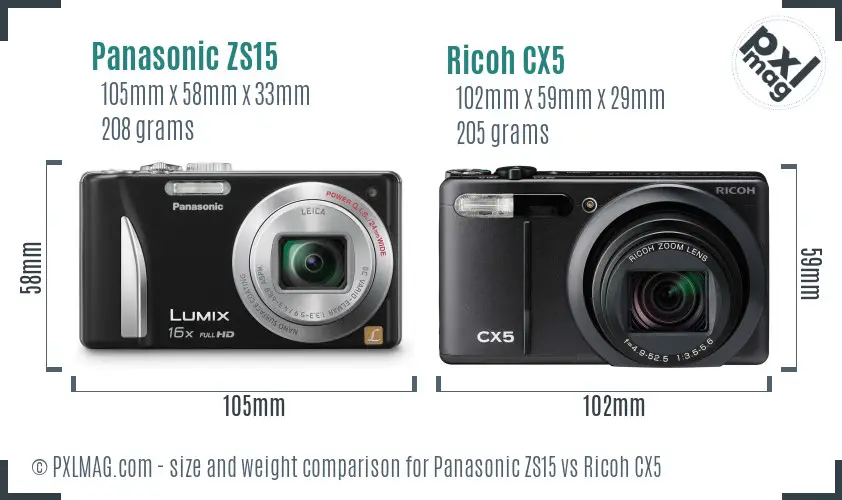Panasonic ZS15 vs Ricoh CX5 size comparison