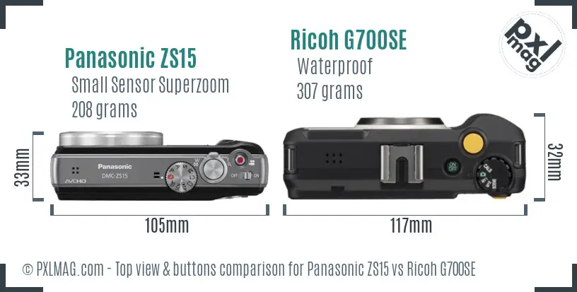 Panasonic ZS15 vs Ricoh G700SE top view buttons comparison Panasonic ZS15 vs Ricoh G700SE top view buttons comparison
