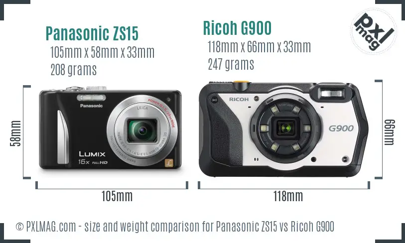 Panasonic ZS15 vs Ricoh G900 size comparison