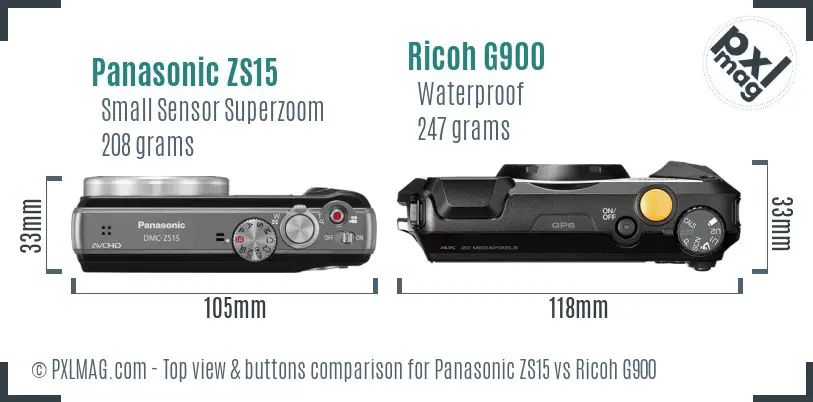 Panasonic ZS15 vs Ricoh G900 top view buttons comparison