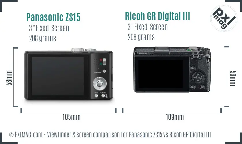 Panasonic ZS15 vs Ricoh GR Digital III Screen and Viewfinder comparison