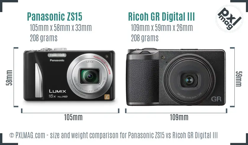 Panasonic ZS15 vs Ricoh GR Digital III size comparison
