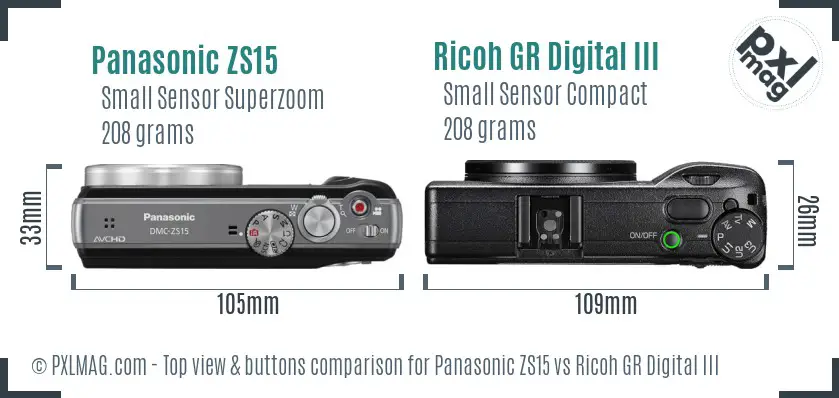 Panasonic ZS15 vs Ricoh GR Digital III top view buttons comparison