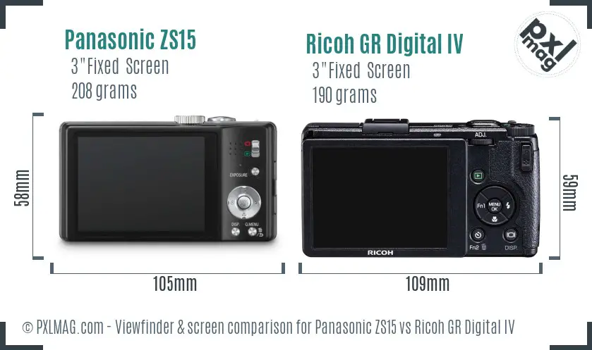 Panasonic ZS15 vs Ricoh GR Digital IV Screen and Viewfinder comparison