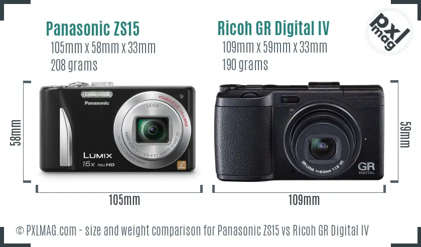 Panasonic ZS15 vs Ricoh GR Digital IV size comparison