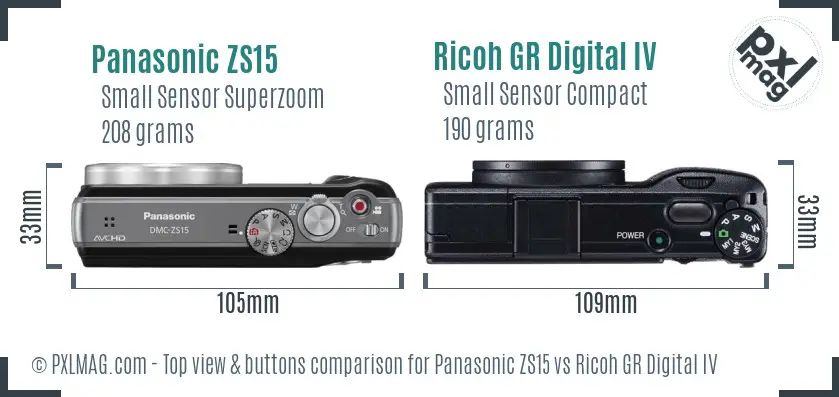 Panasonic ZS15 vs Ricoh GR Digital IV top view buttons comparison