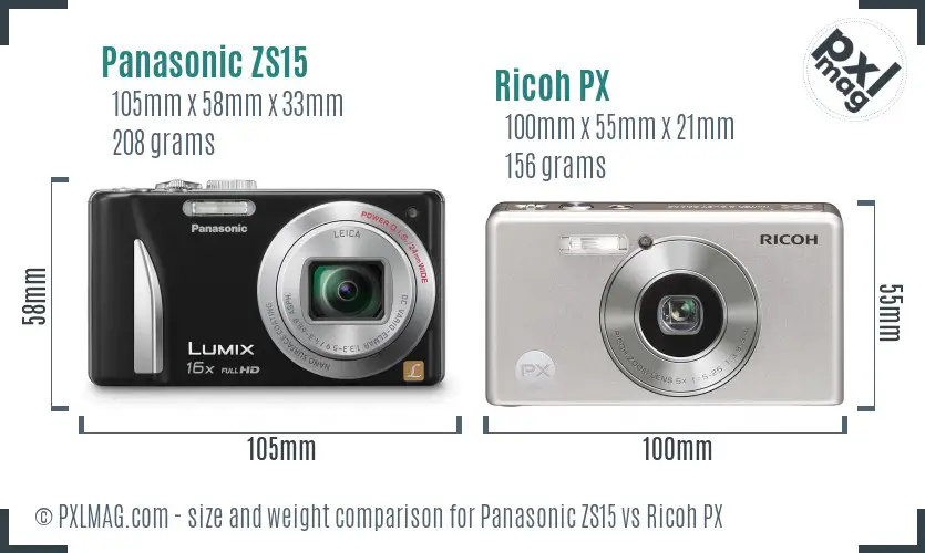 Panasonic ZS15 vs Ricoh PX size comparison
