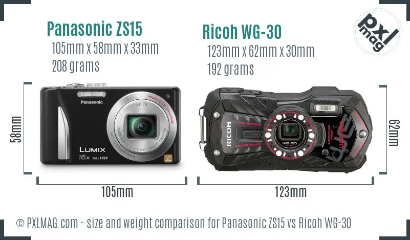 Panasonic ZS15 vs Ricoh WG-30 size comparison