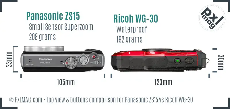 Panasonic ZS15 vs Ricoh WG-30 top view buttons comparison