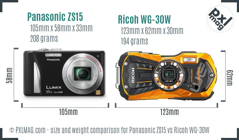 Panasonic ZS15 vs Ricoh WG-30W size comparison