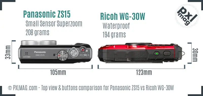 Panasonic ZS15 vs Ricoh WG-30W top view buttons comparison