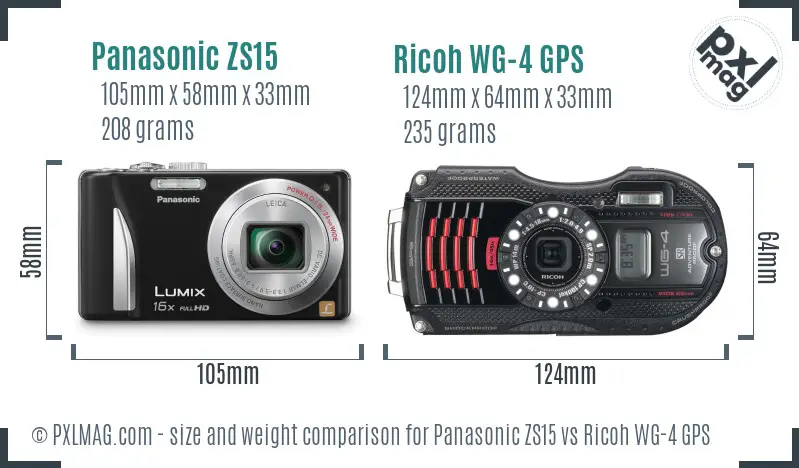 Panasonic ZS15 vs Ricoh WG-4 GPS size comparison