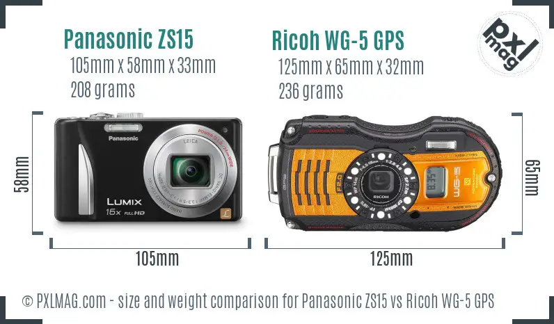 Panasonic ZS15 vs Ricoh WG-5 GPS size comparison Panasonic ZS15 vs Ricoh WG-5 GPS size comparison