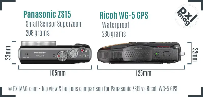 Panasonic ZS15 vs Ricoh WG-5 GPS top view buttons comparison Panasonic ZS15 vs Ricoh WG-5 GPS top view buttons comparison