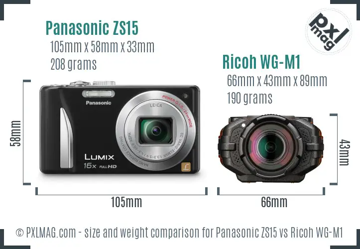 Panasonic ZS15 vs Ricoh WG-M1 size comparison