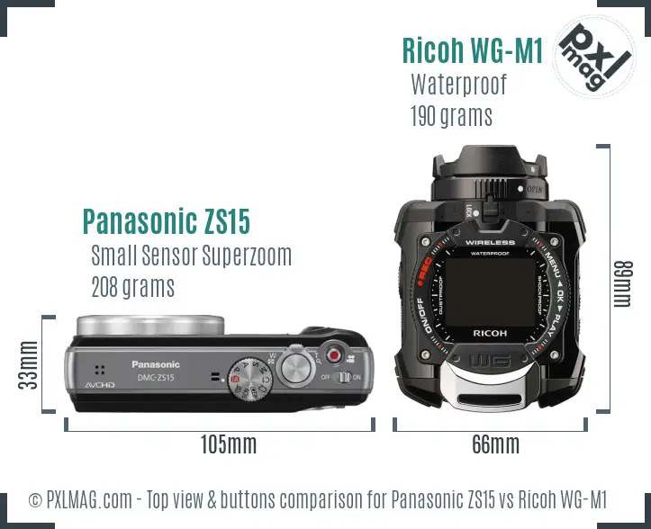 Panasonic ZS15 vs Ricoh WG-M1 top view buttons comparison