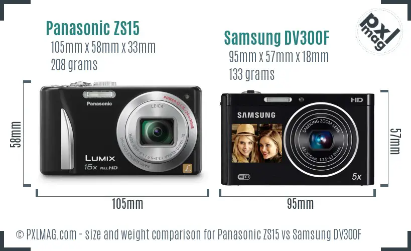 Panasonic ZS15 vs Samsung DV300F size comparison