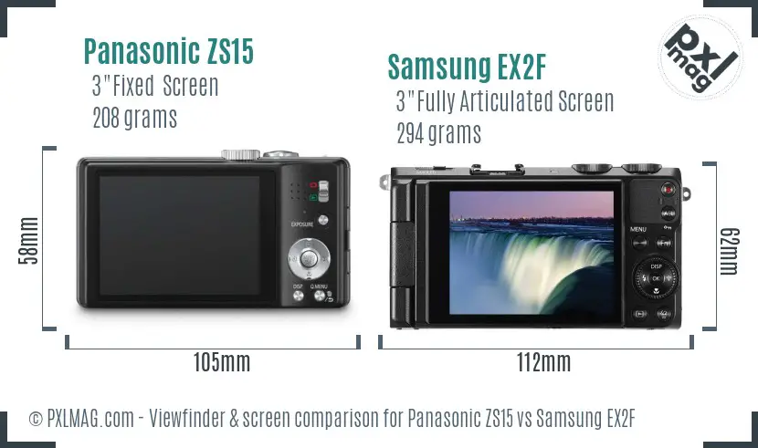 Panasonic ZS15 vs Samsung EX2F Screen and Viewfinder comparison