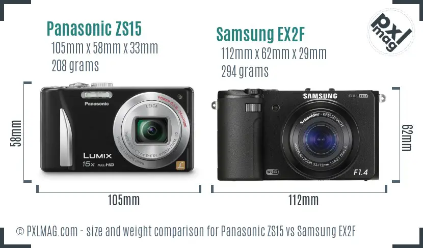Panasonic ZS15 vs Samsung EX2F size comparison