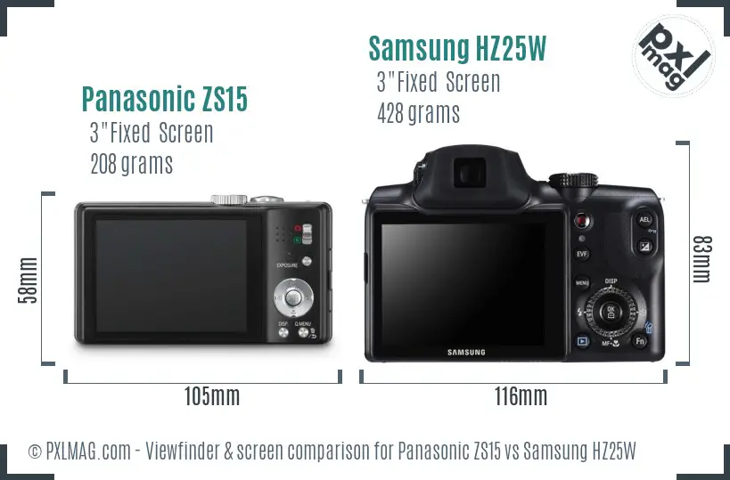 Panasonic ZS15 vs Samsung HZ25W Screen and Viewfinder comparison