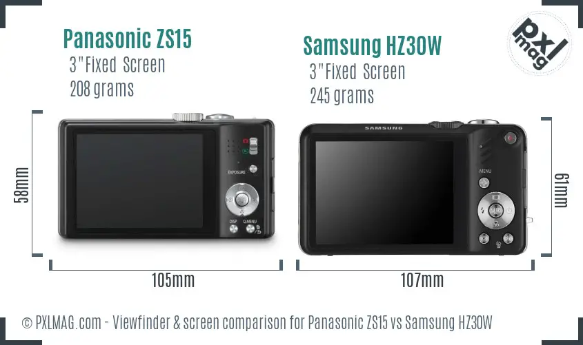 Panasonic ZS15 vs Samsung HZ30W Screen and Viewfinder comparison