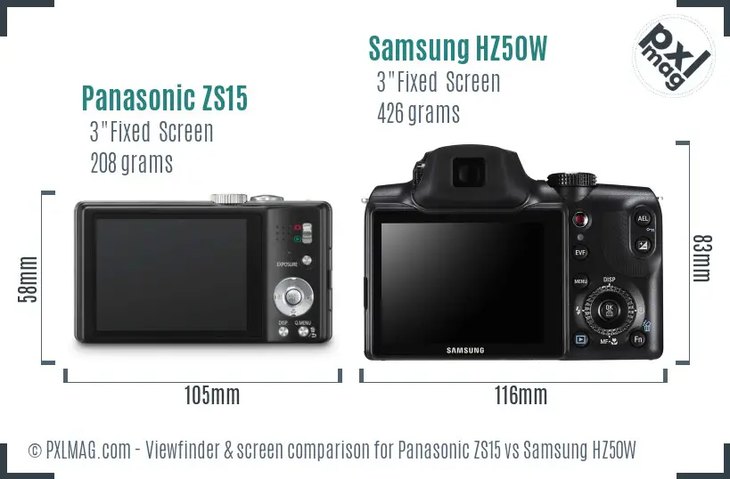 Panasonic ZS15 vs Samsung HZ50W Screen and Viewfinder comparison